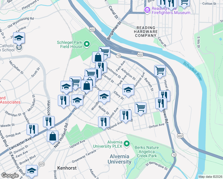 map of restaurants, bars, coffee shops, grocery stores, and more near 108 Carroll Street in Reading