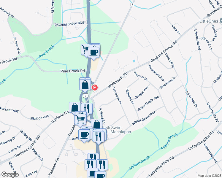 map of restaurants, bars, coffee shops, grocery stores, and more near 15a Wickatunk Road in Manalapan Township