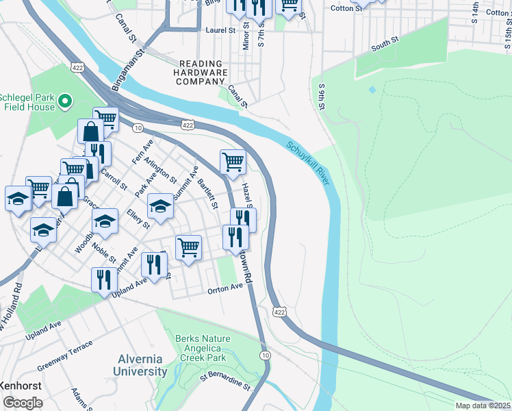 map of restaurants, bars, coffee shops, grocery stores, and more near 347 Hazel Street in Reading