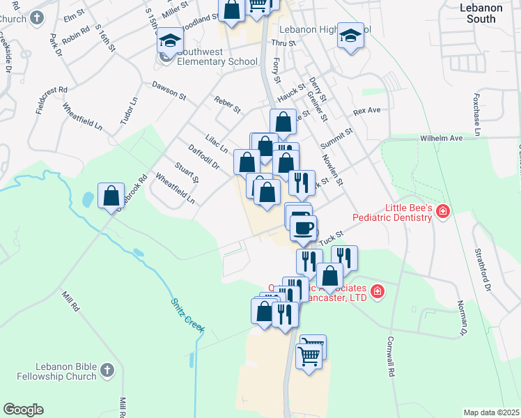 map of restaurants, bars, coffee shops, grocery stores, and more near 1301 Quentin Road in Lebanon