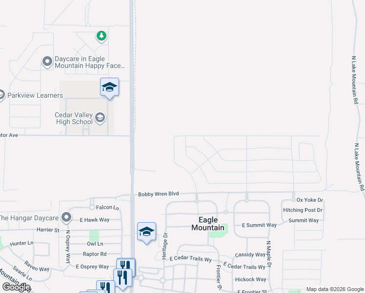 map of restaurants, bars, coffee shops, grocery stores, and more near Pony Express Parkway in Eagle Mountain