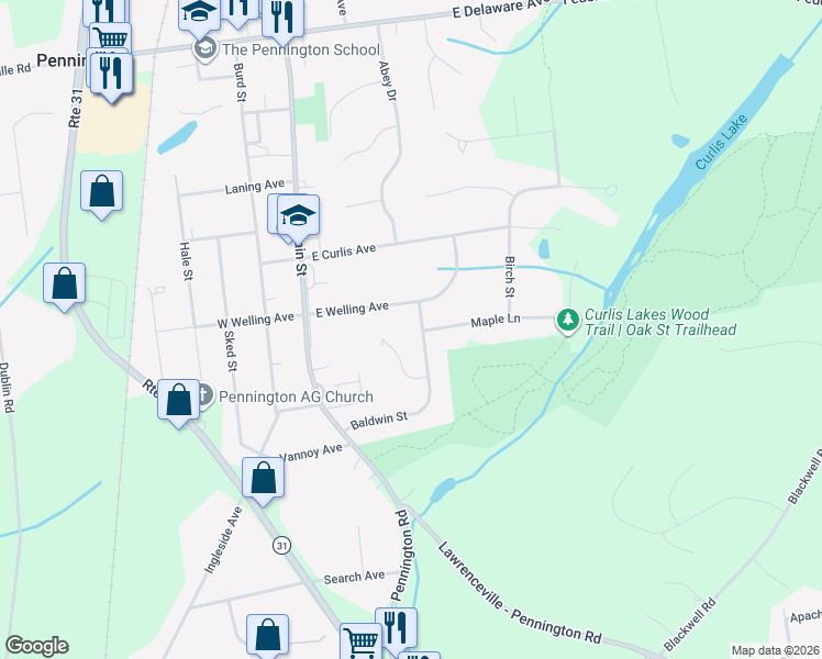 map of restaurants, bars, coffee shops, grocery stores, and more near 36 East Welling Avenue in Pennington