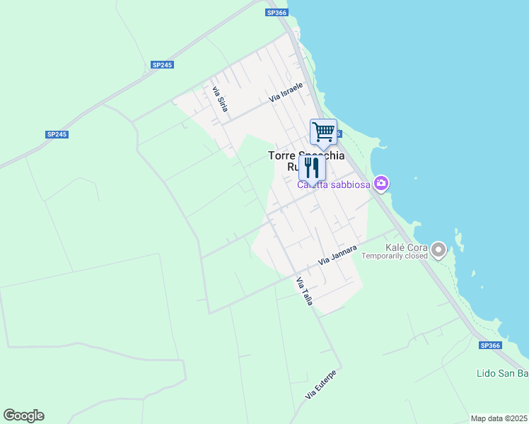 map of restaurants, bars, coffee shops, grocery stores, and more near 33 Via Nettuno in Torre Specchia Ruggeri