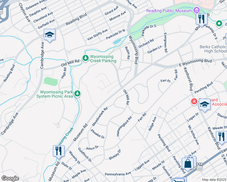 map of restaurants, bars, coffee shops, grocery stores, and more near 8 Cardinal Place in Wyomissing