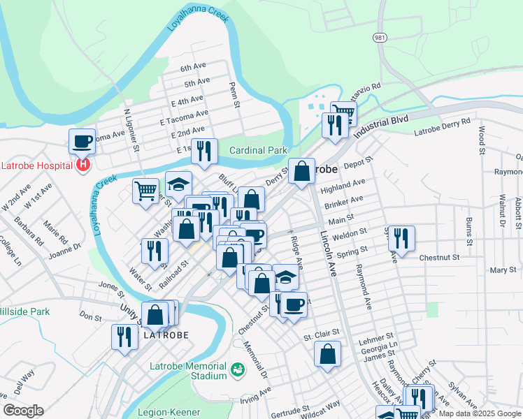 map of restaurants, bars, coffee shops, grocery stores, and more near 442 Baker Hill Street in Latrobe