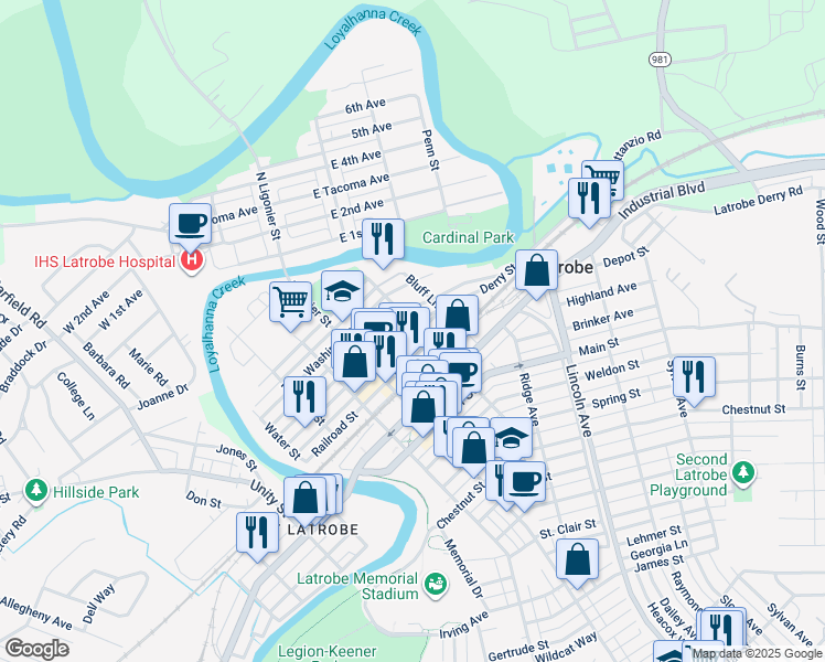 map of restaurants, bars, coffee shops, grocery stores, and more near 400 Miller Street in Latrobe
