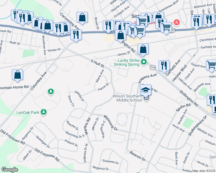 map of restaurants, bars, coffee shops, grocery stores, and more near 1506 Huron Dr in Sinking Spring