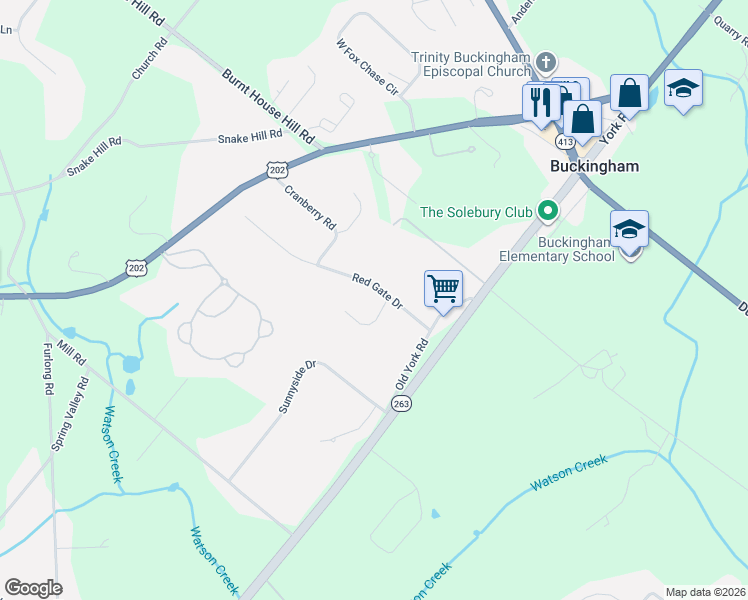 map of restaurants, bars, coffee shops, grocery stores, and more near 2623 Red Gate Drive in Doylestown
