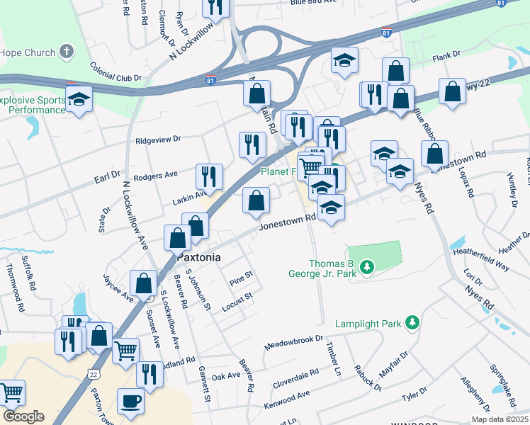 map of restaurants, bars, coffee shops, grocery stores, and more near 10 Walden Road in Harrisburg