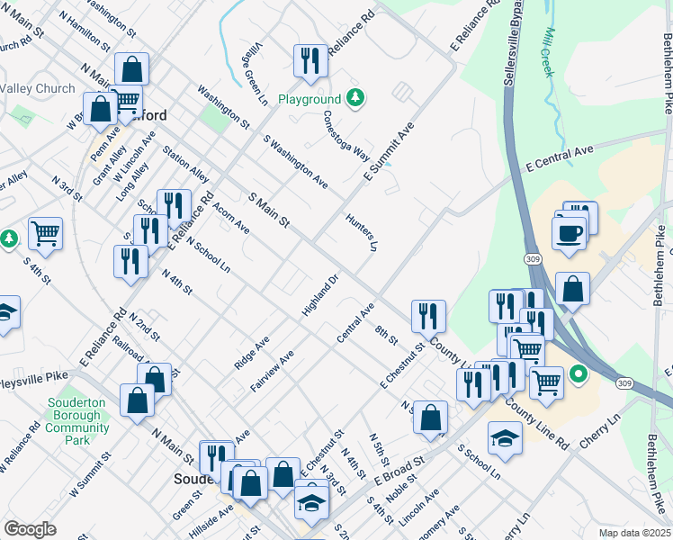 map of restaurants, bars, coffee shops, grocery stores, and more near 576 South Main Street in Telford