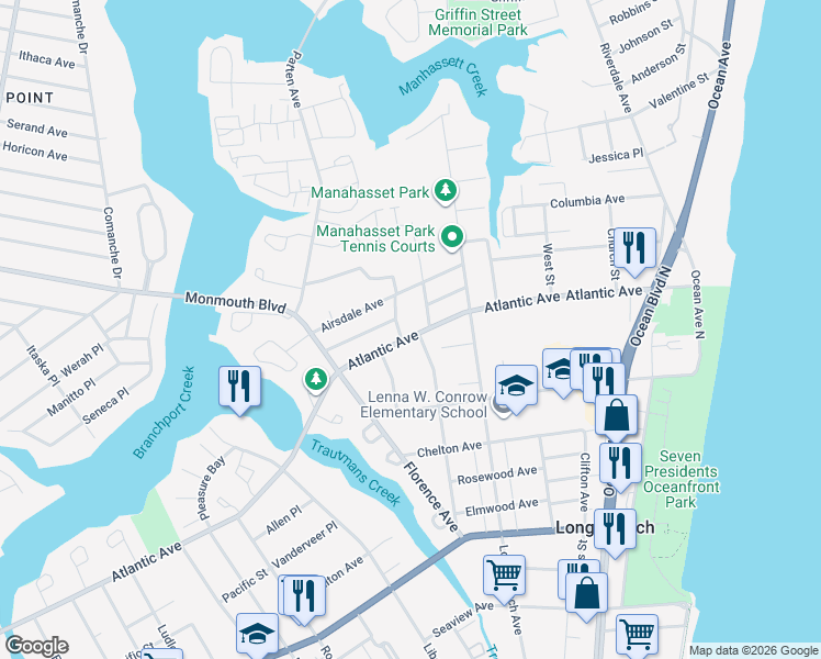 map of restaurants, bars, coffee shops, grocery stores, and more near 416 Narragansett Avenue in Long Branch