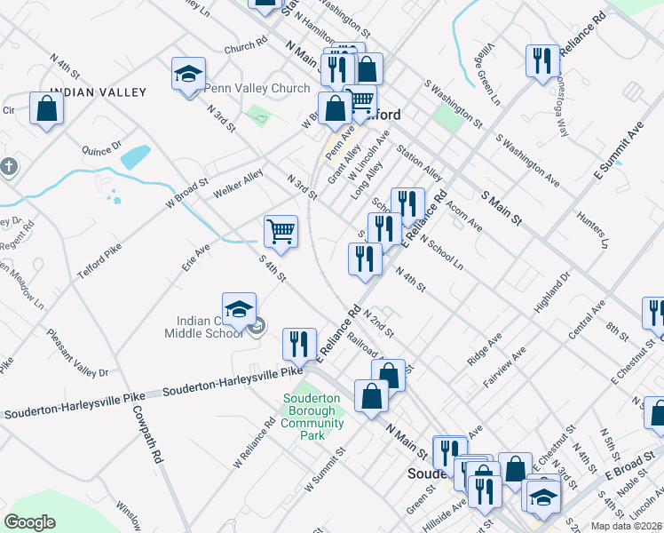 map of restaurants, bars, coffee shops, grocery stores, and more near 312 West Hamlin Avenue in Telford
