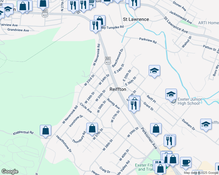 map of restaurants, bars, coffee shops, grocery stores, and more near 201 East 37th Street in Reading