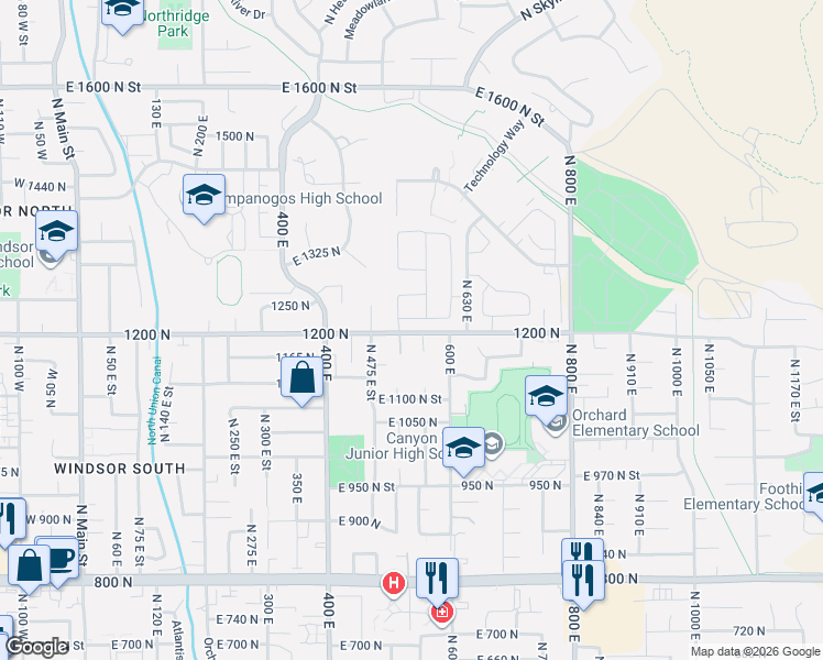map of restaurants, bars, coffee shops, grocery stores, and more near 547-561 East 1200 North Street in Orem