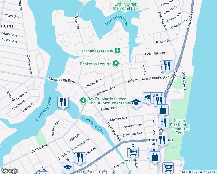 map of restaurants, bars, coffee shops, grocery stores, and more near 416 Narragansett Avenue in Long Branch