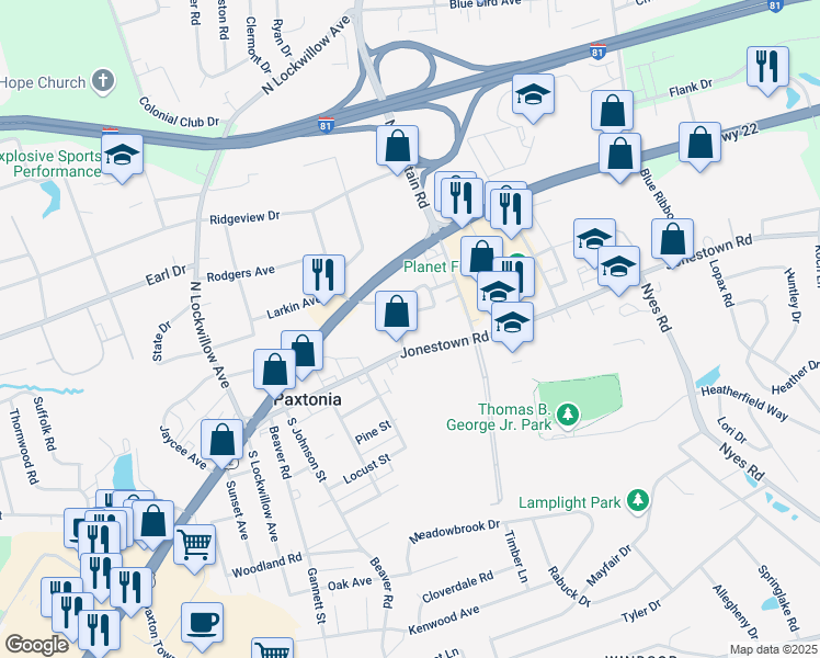 map of restaurants, bars, coffee shops, grocery stores, and more near 10 Walden Road in Harrisburg