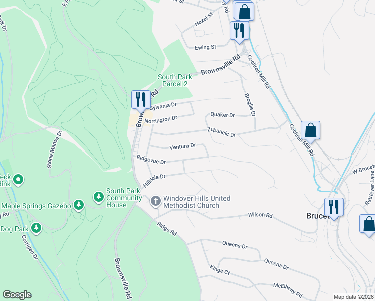 map of restaurants, bars, coffee shops, grocery stores, and more near 6519 Ventura Drive in Pittsburgh