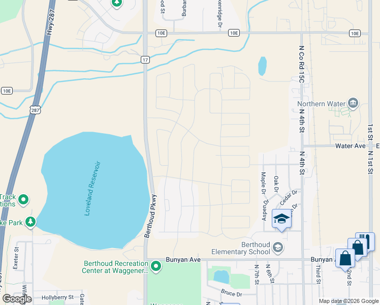 map of restaurants, bars, coffee shops, grocery stores, and more near 1614 Vantage Parkway in Berthoud