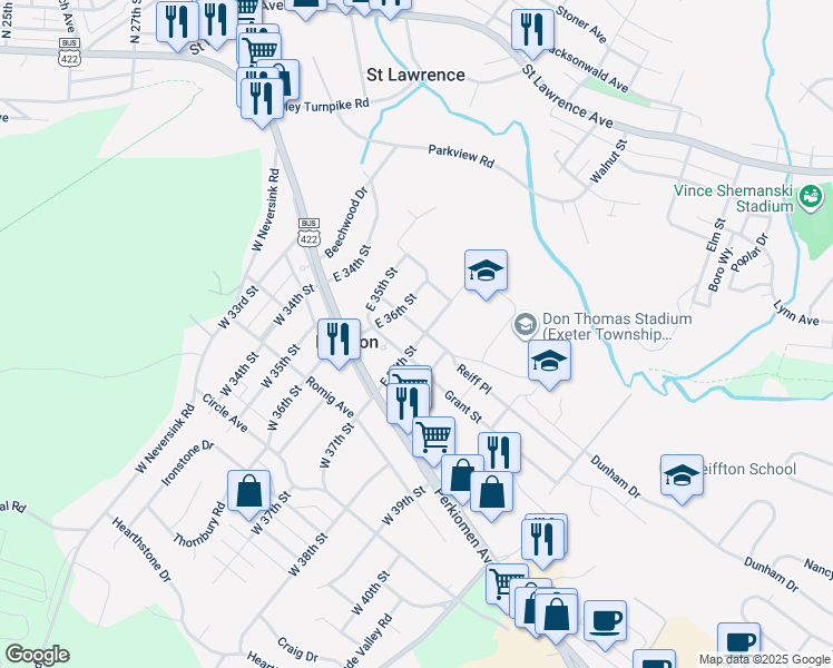 map of restaurants, bars, coffee shops, grocery stores, and more near 102 East 37th Street in Reading