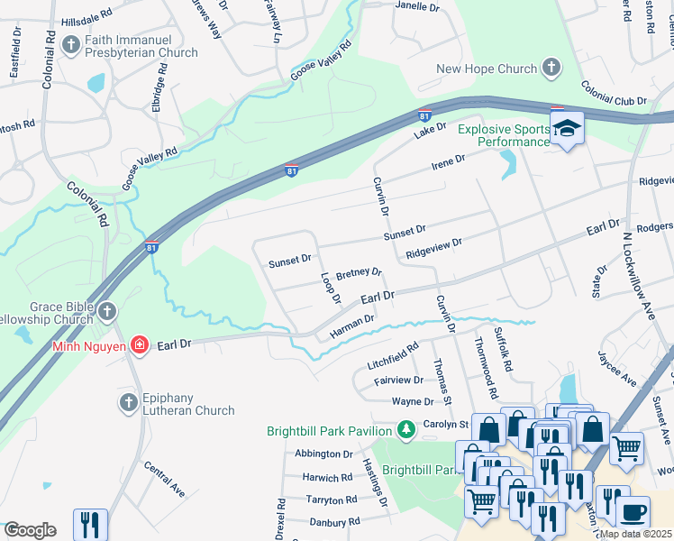 map of restaurants, bars, coffee shops, grocery stores, and more near 4918 Bretney Drive in Harrisburg