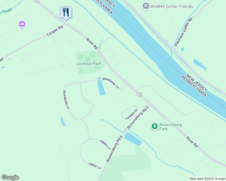 map of restaurants, bars, coffee shops, grocery stores, and more near 9 Woodside Lane in New Hope