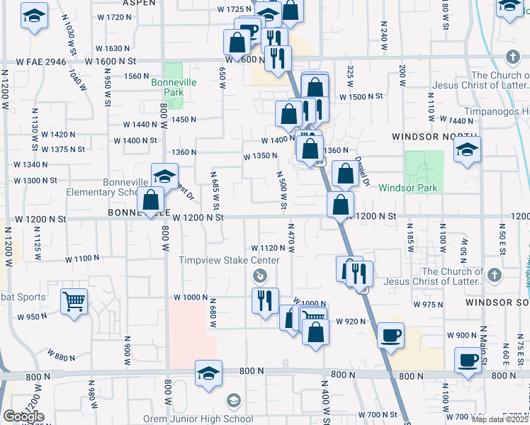 map of restaurants, bars, coffee shops, grocery stores, and more near 544 West 1200 North in Orem
