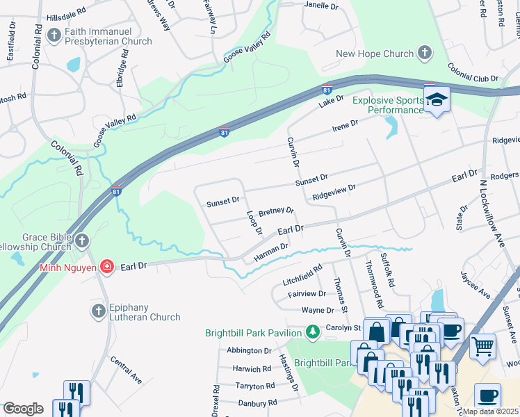 map of restaurants, bars, coffee shops, grocery stores, and more near 4918 Bretney Drive in Harrisburg