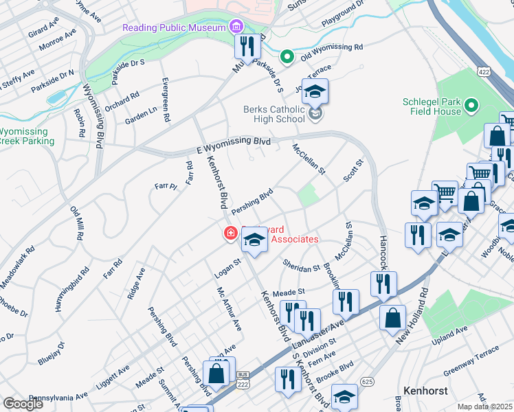 map of restaurants, bars, coffee shops, grocery stores, and more near 527 Margaret Street in Reading