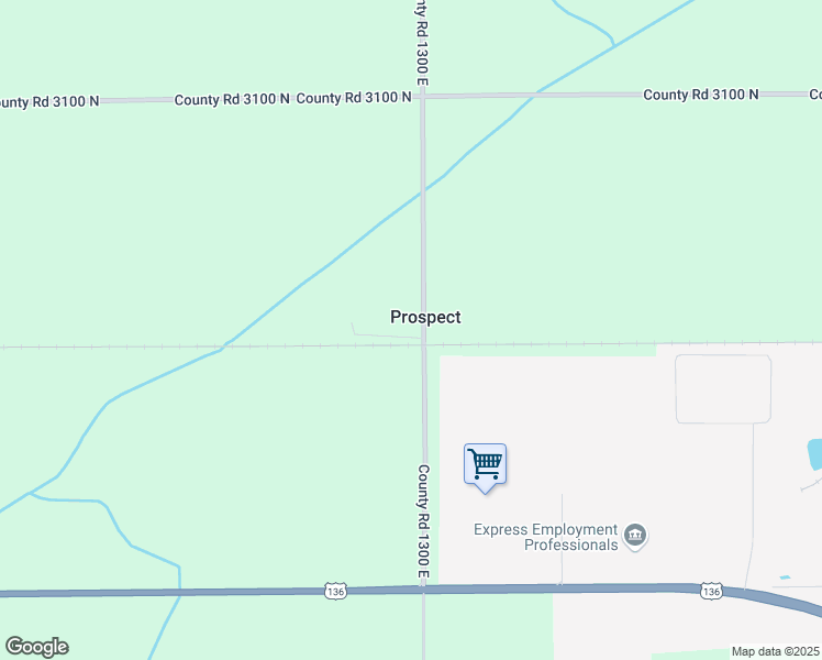 map of restaurants, bars, coffee shops, grocery stores, and more near 3055 County Road 1300 East in Rantoul