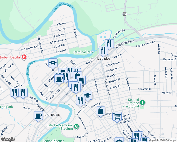 map of restaurants, bars, coffee shops, grocery stores, and more near 515 Grant Avenue in Latrobe