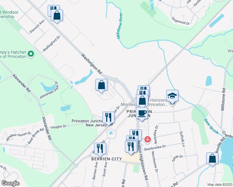 map of restaurants, bars, coffee shops, grocery stores, and more near 2 Princeton Hightstown Road in West Windsor Township