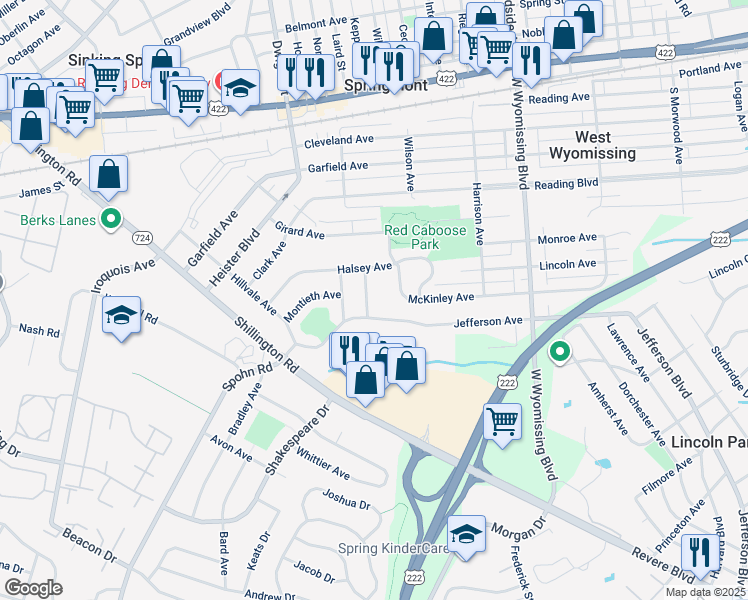 map of restaurants, bars, coffee shops, grocery stores, and more near 105 Radcliffe Avenue in West Lawn