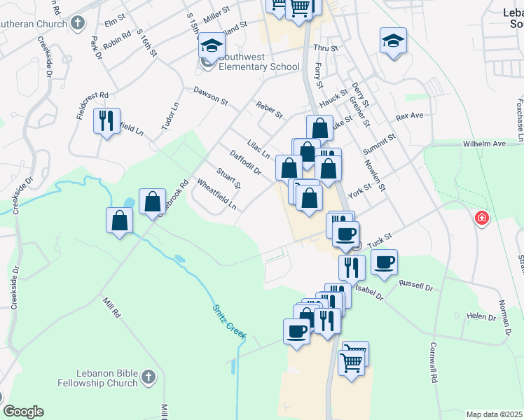 map of restaurants, bars, coffee shops, grocery stores, and more near 1702 Summit Street in Lebanon