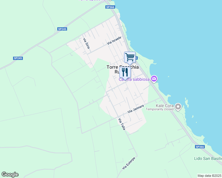 map of restaurants, bars, coffee shops, grocery stores, and more near 33 Via Nettuno in Torre Specchia Ruggeri