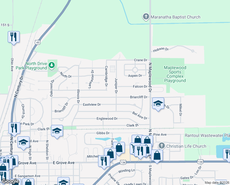 map of restaurants, bars, coffee shops, grocery stores, and more near 909 Juniper Drive in Rantoul