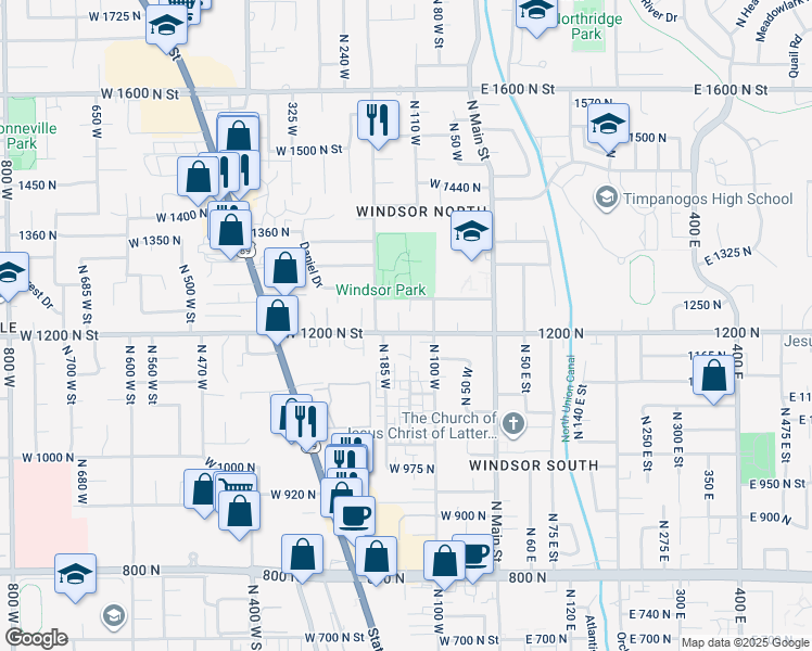 map of restaurants, bars, coffee shops, grocery stores, and more near 140 West 1200 North in Orem
