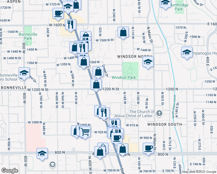 map of restaurants, bars, coffee shops, grocery stores, and more near 1234 260 West in Orem