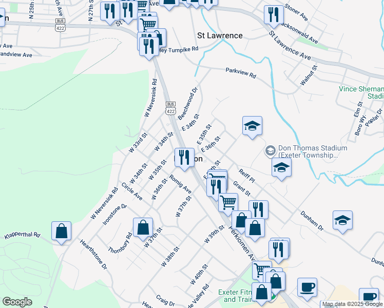 map of restaurants, bars, coffee shops, grocery stores, and more near 3409 Perkiomen Avenue in Reading