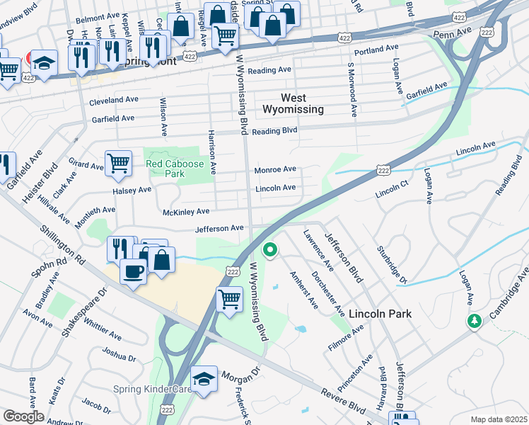 map of restaurants, bars, coffee shops, grocery stores, and more near 621 West Wyomissing Boulevard in Reading