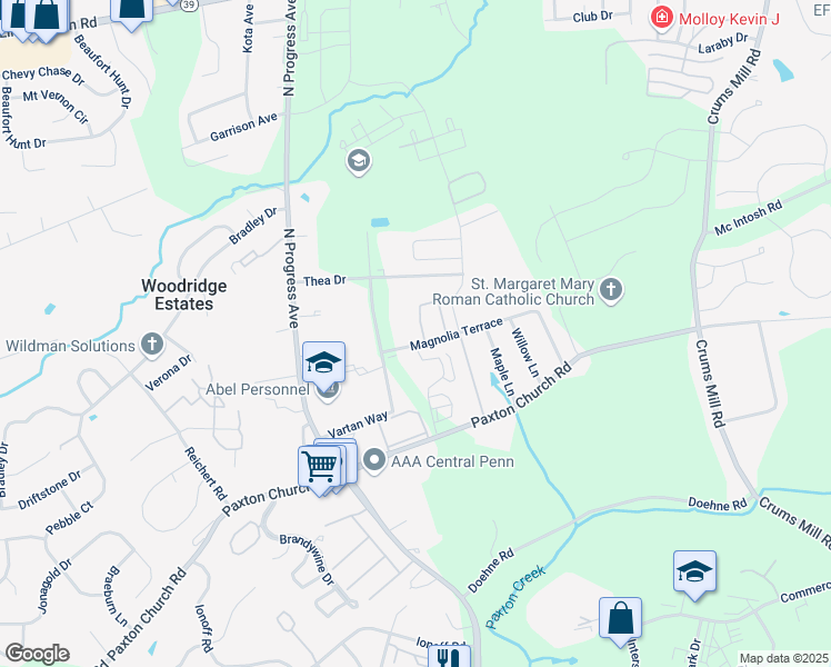 map of restaurants, bars, coffee shops, grocery stores, and more near 2416 Magnolia Terrace in Harrisburg