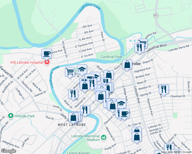 map of restaurants, bars, coffee shops, grocery stores, and more near 400 Miller Street in Latrobe