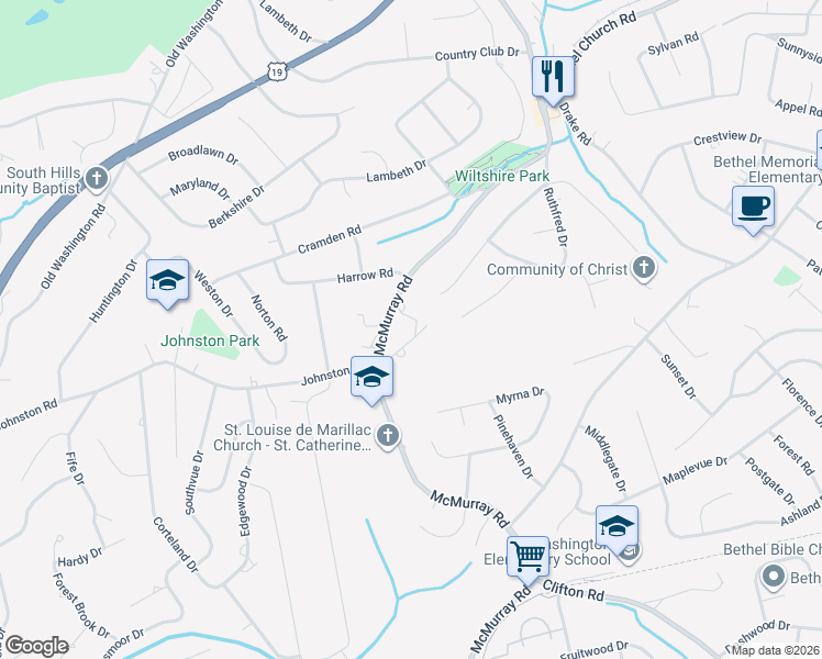 map of restaurants, bars, coffee shops, grocery stores, and more near 290 McMurray Road in Pittsburgh