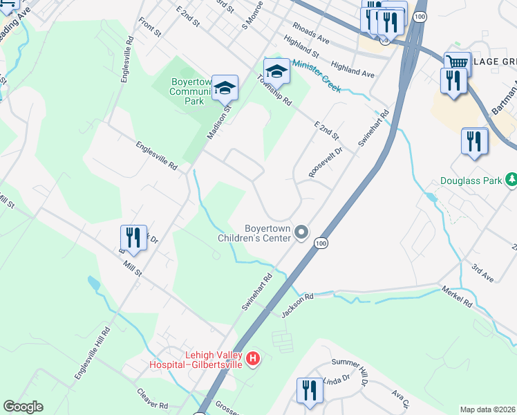 map of restaurants, bars, coffee shops, grocery stores, and more near 353 Estate Road in Boyertown