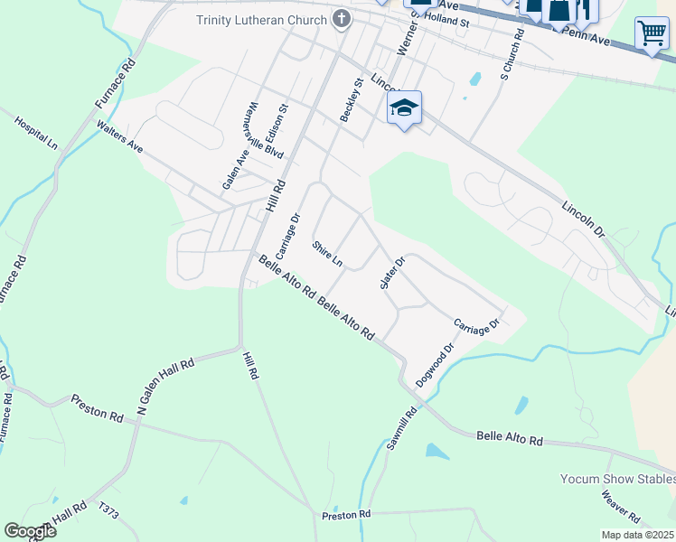 map of restaurants, bars, coffee shops, grocery stores, and more near 204 Shire Lane in Wernersville