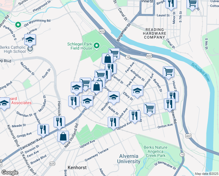 map of restaurants, bars, coffee shops, grocery stores, and more near 431 Fern Avenue in Reading