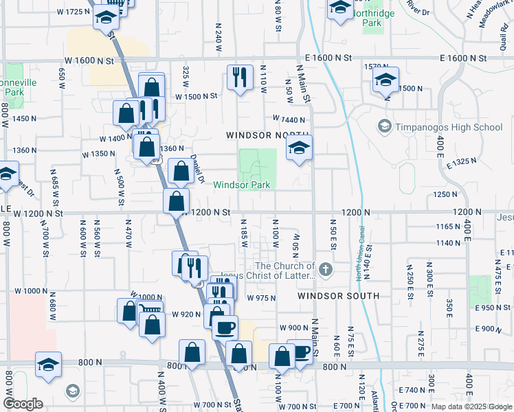 map of restaurants, bars, coffee shops, grocery stores, and more near 140 West 1200 North in Orem