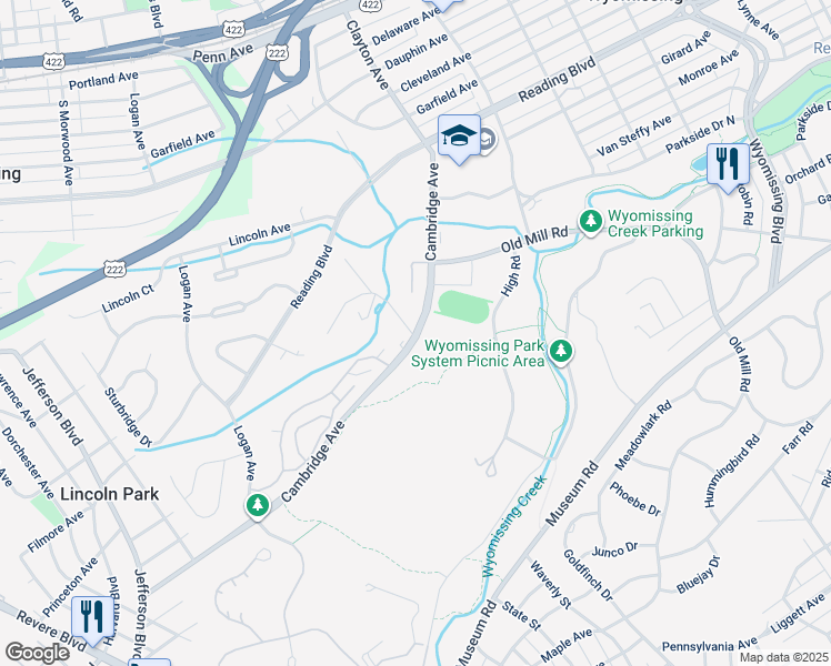 map of restaurants, bars, coffee shops, grocery stores, and more near 1801 Cambridge Avenue in Wyomissing