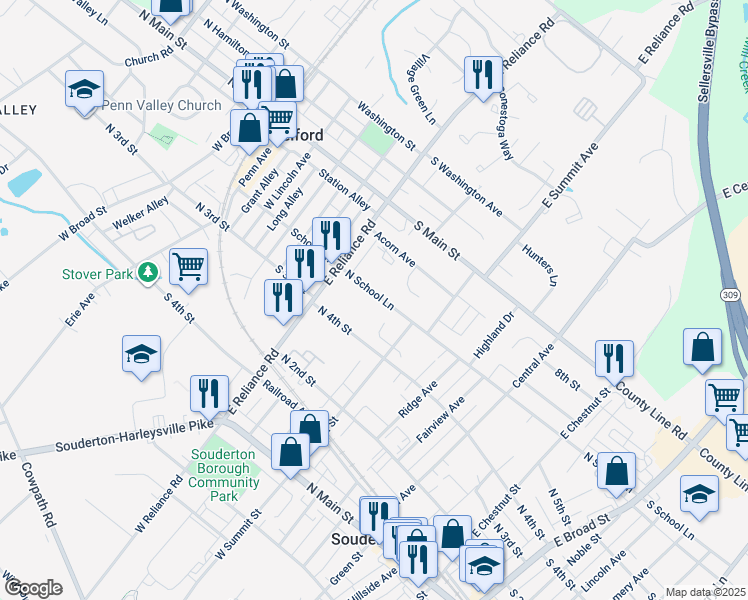 map of restaurants, bars, coffee shops, grocery stores, and more near 450 North School Lane in Souderton