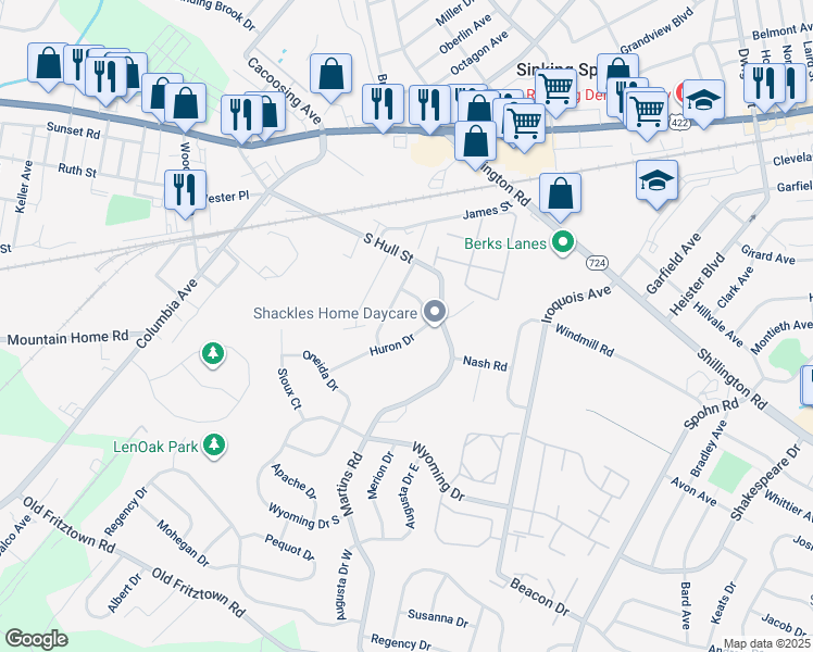 map of restaurants, bars, coffee shops, grocery stores, and more near 310 Diane Avenue in Sinking Spring