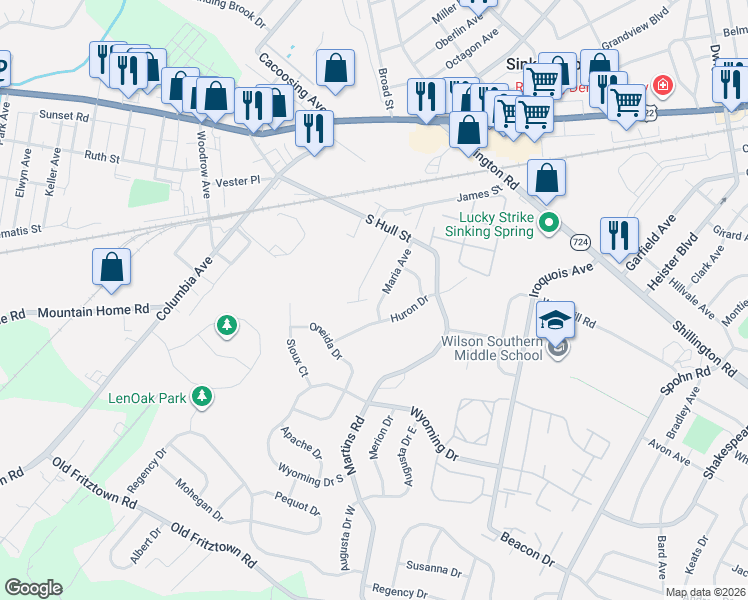 map of restaurants, bars, coffee shops, grocery stores, and more near 730 Maria Avenue in Sinking Spring